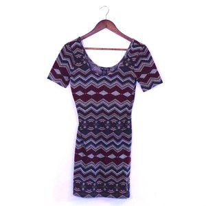 Miss Chievous Geometric Patterned Red and Grey Sweater Dress